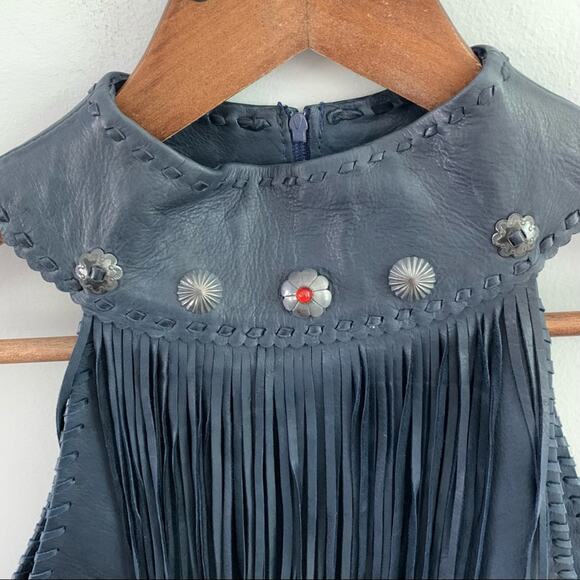 Gossamer Wings Navy Blue Vintage Leather Jacket Tank 2 Set Beaded Navajo Fringe - Picture 7 of 15